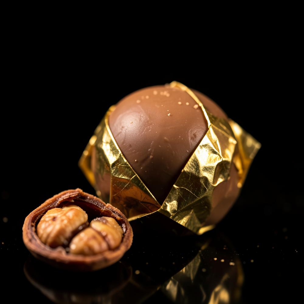 Bombom Avelã & Ouro: gianduja de avelã tostada com folha de ouro, da Coleção Noël da CACAO NOIR