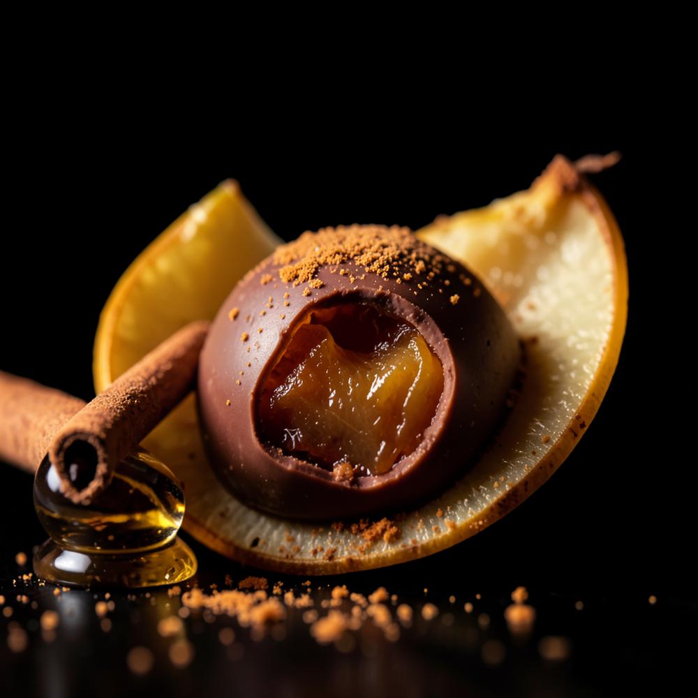 Bombom Canela & Maçã Caramelizada: recheio de maçã caramelizada e canela, da Coleção Noël da CACAO NOIR