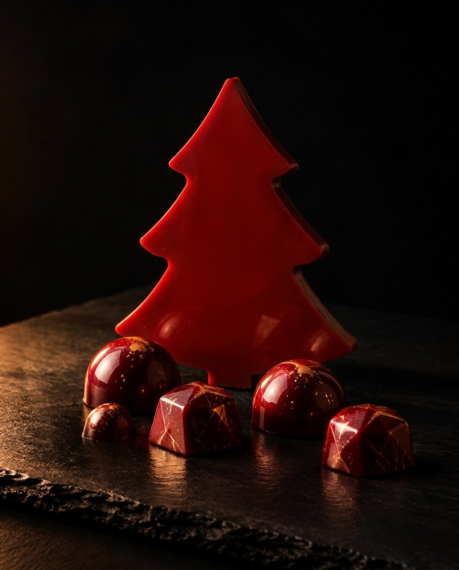 Tablete de chocolate negro 78% em forma de árvore de Natal com cinco bombons de praliné de avelã sobre lousa preta
