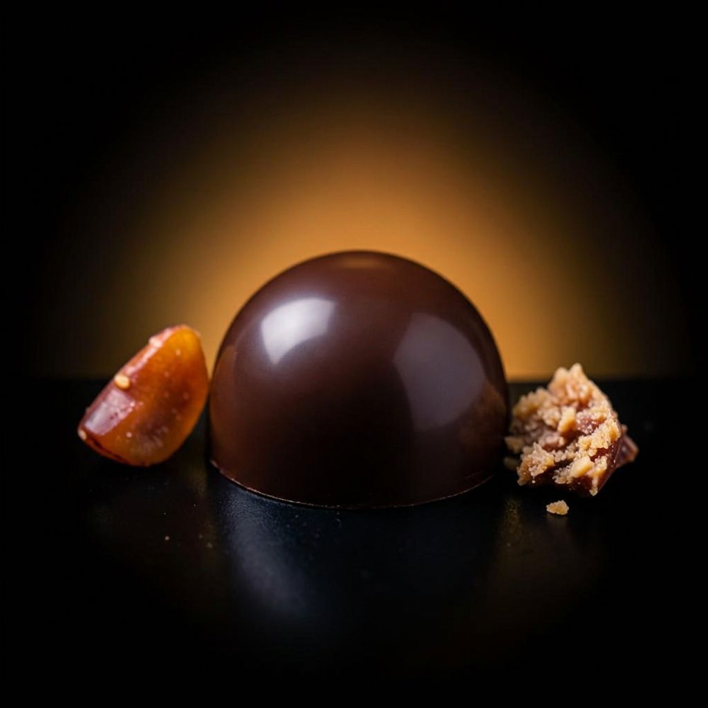 Bombom Marron Glacé: ganache de castanha e marron glacé sobre chocolate negro, da Coleção Noël da CACAO NOIR