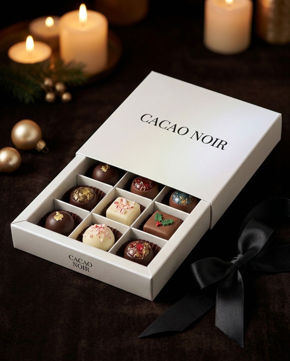 Estojo Cacao Noir fechado com fita de bronze e placa gravada