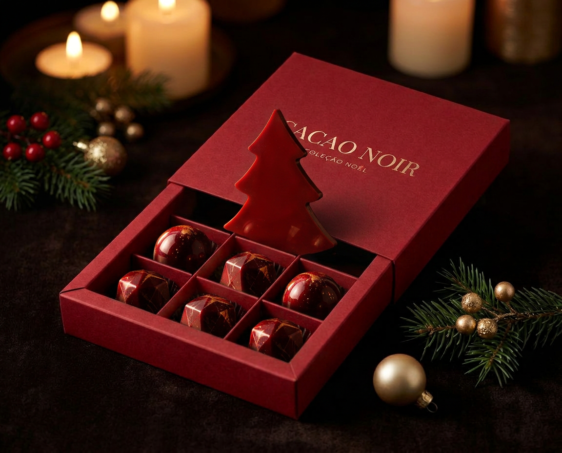 Caixa Natal aberta com a tablete em forma de árvore e cinco bombons de praliné