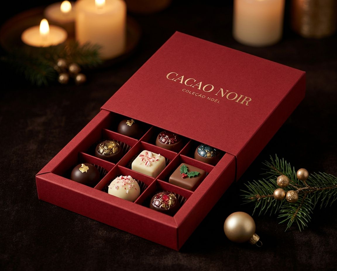Coffret Noël: caixa de gaveta em vermelho lacado com o logótipo CACAO NOIR a foil dourado