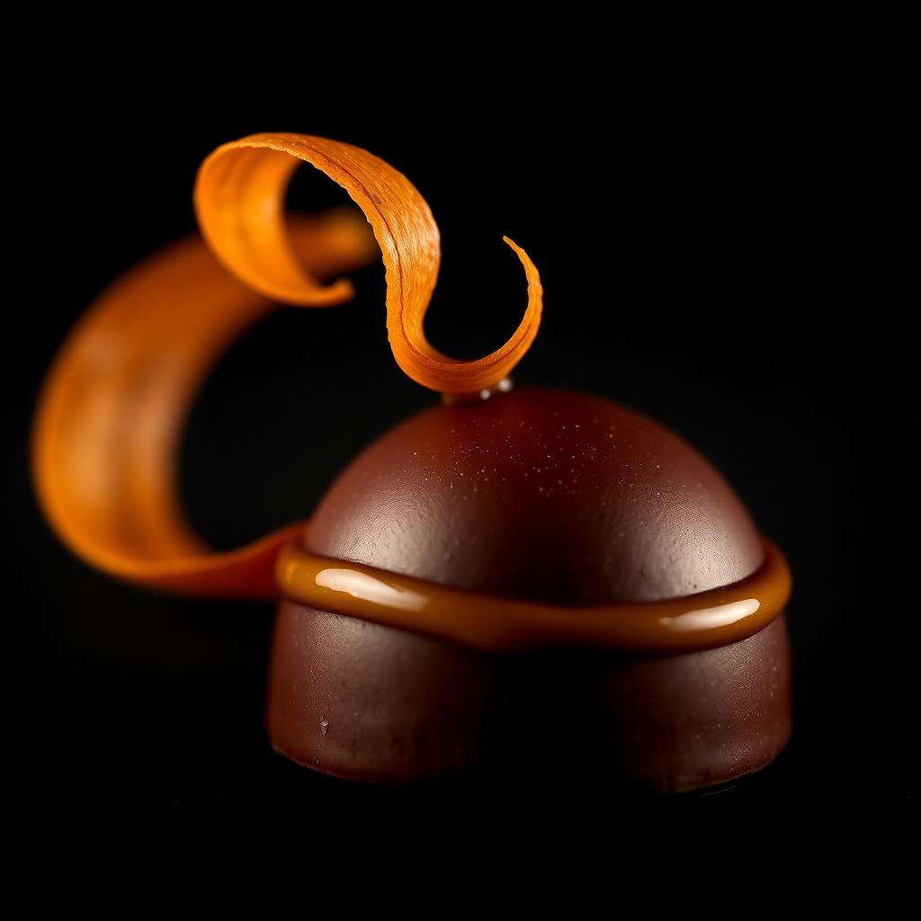 Ganache negro com canela do Ceilão e fio de mel, luz quente sobre fundo preto