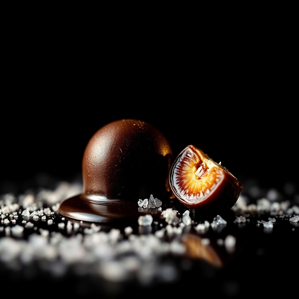Chocolate negro com tâmara Medjool confit e cristais de flor de sal, luz quente sobre fundo preto