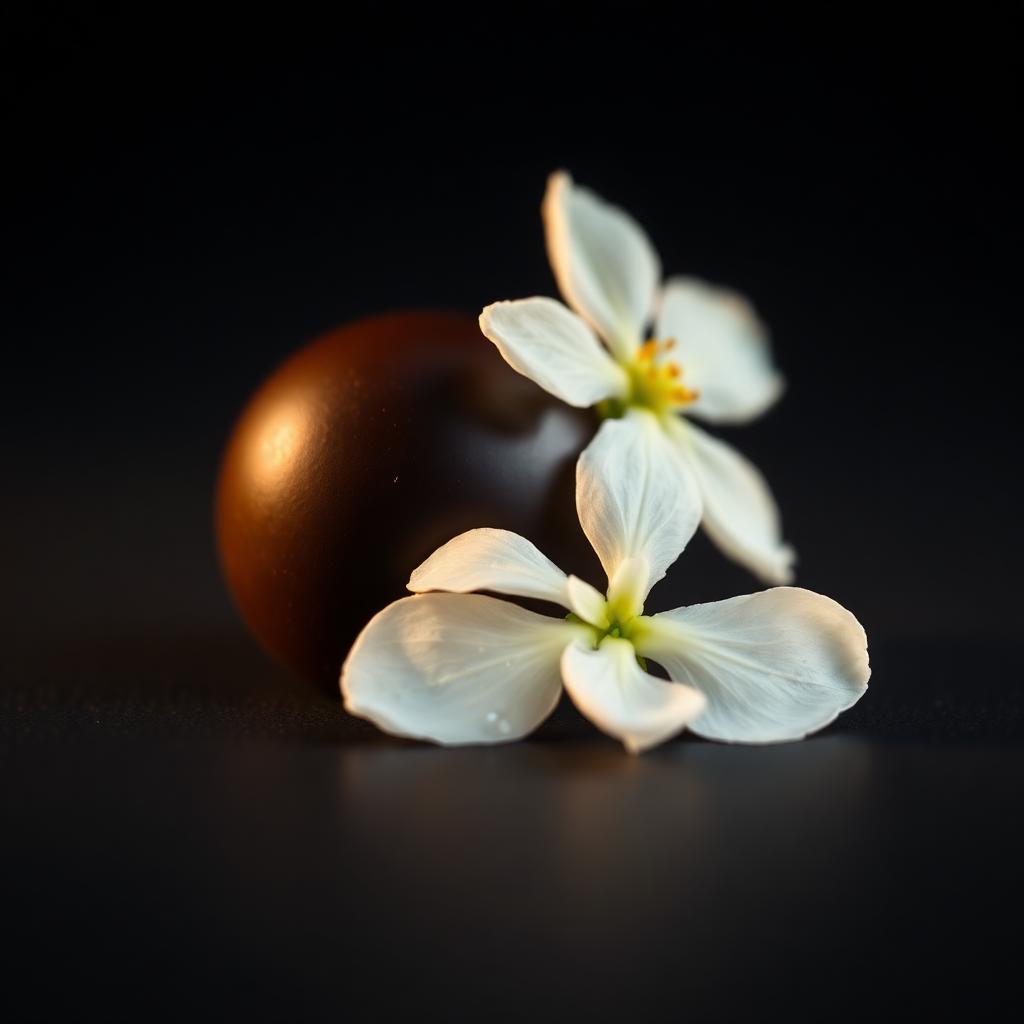 Ganache sedoso de casca amarga com flor de laranjeira, luz quente sobre fundo preto