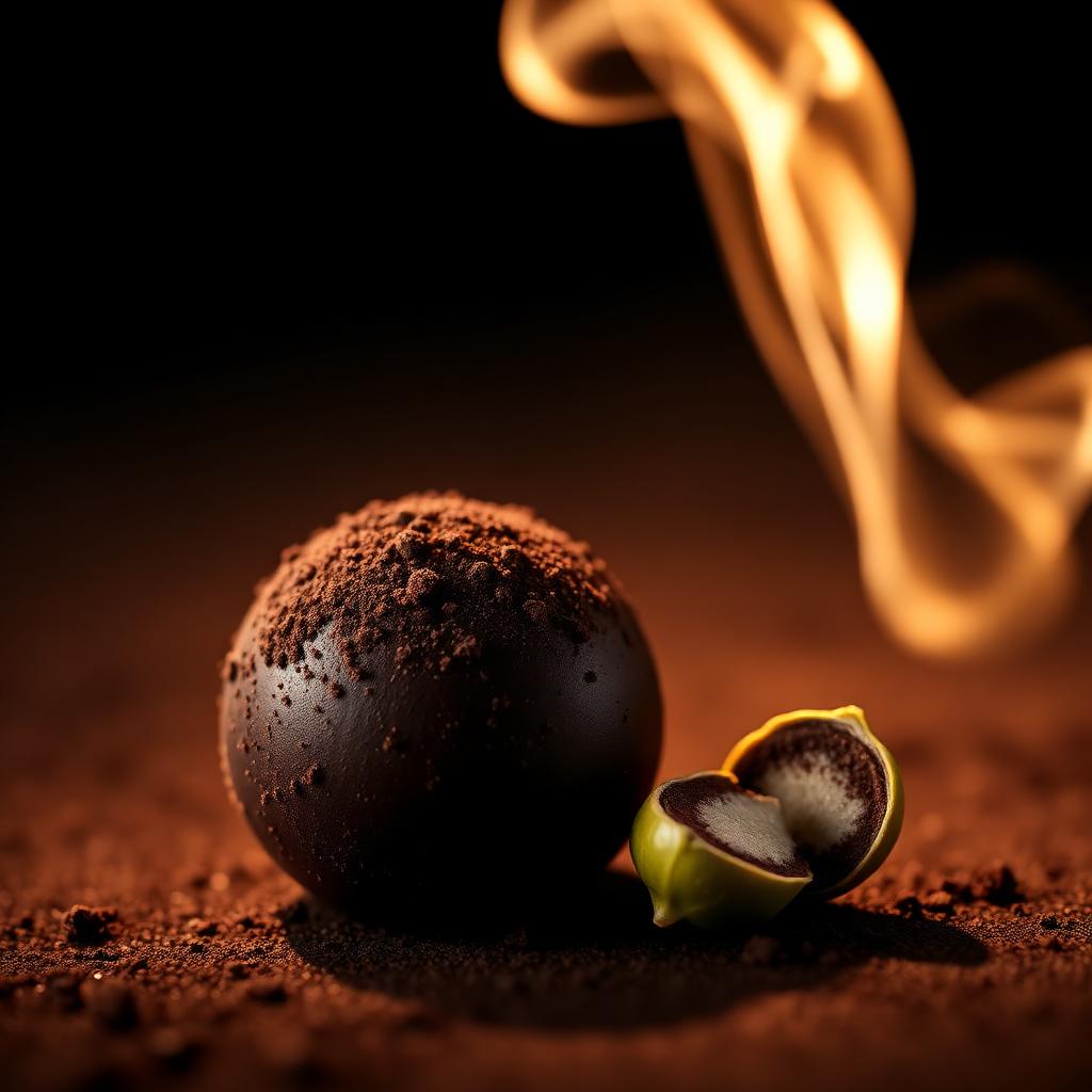 Bombom de chocolate negro intenso com vagem de cardamomo e fumo, à luz quente do fim de tarde sobre fundo preto