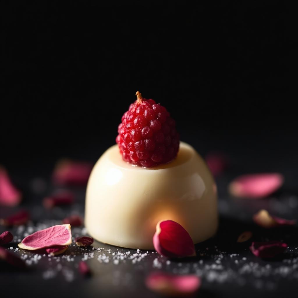 Bombom de chocolate branco com pétalas de rosa secas e framboesa, luz quente sobre fundo preto