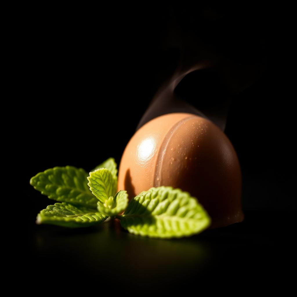 Bombom de chocolate de leite com tom verde e folhas de menta fresca, luz quente sobre fundo preto